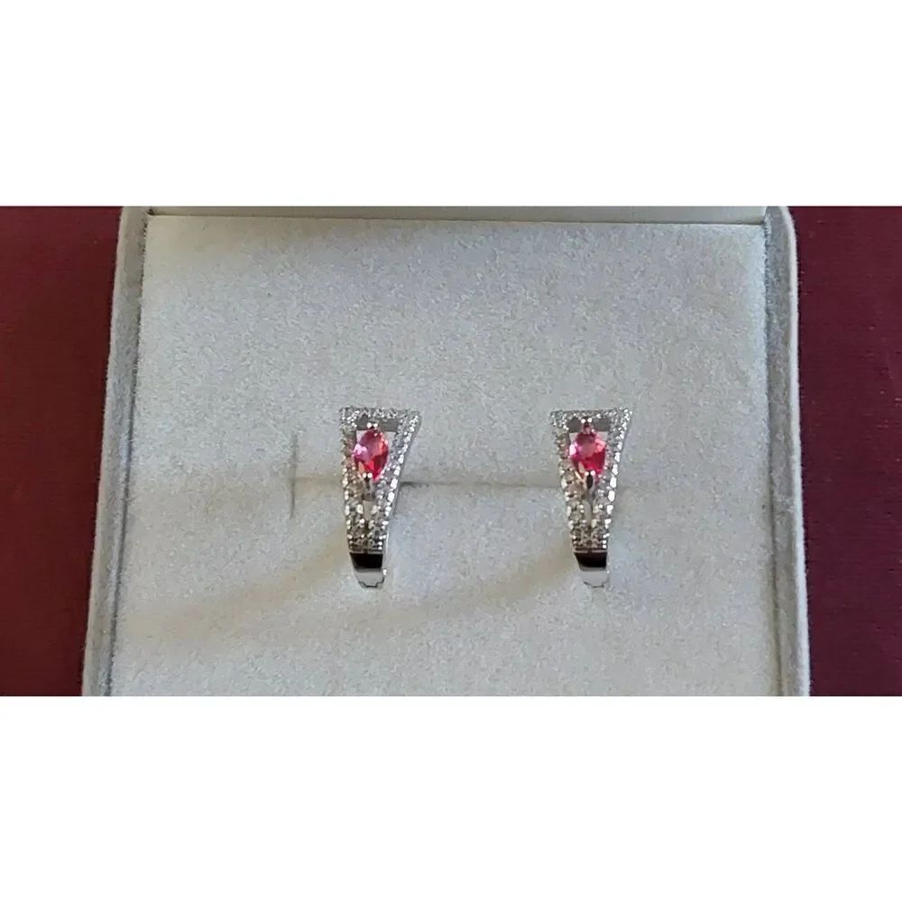 Gorgeous Marquisse Ruby & Pave White Topaz Gems Snap Lock Leverback Earrings